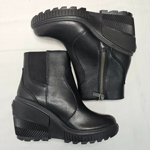 Sorel Wedge Heel Side Zip Black Leather Waterproof Boots Women's Size 8- NEW - Picture 8 of 11